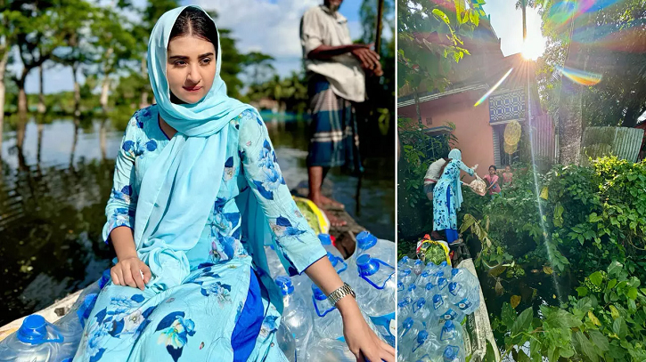 ত্রাণ নিয়ে নিজ এলাকার বন্যার্তদের দোরগোড়ায় বুবলী